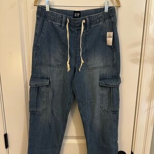 GAP Medium Blue Cropped Cargo Jeans with Drawstring Waist